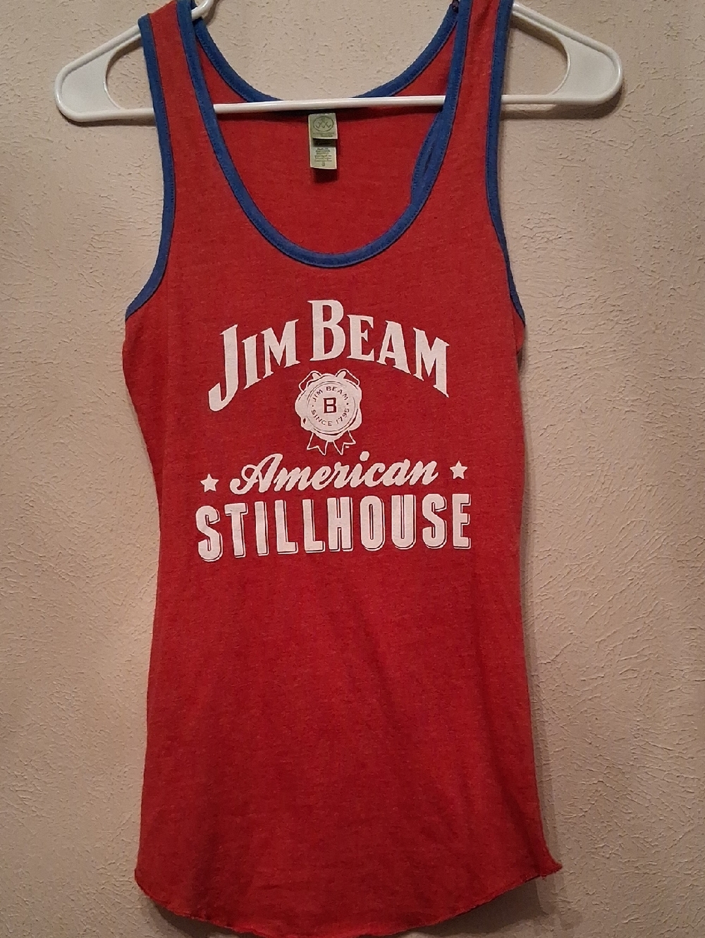 Jim Beam red tank top with a racerback design and blue trim Small.